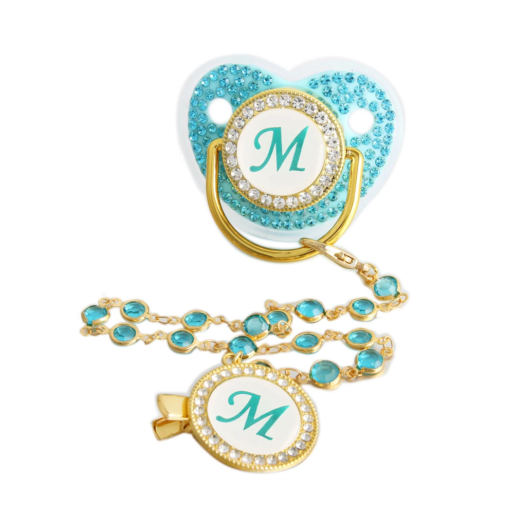 Initial Letters Bling Baby Pacifier With Green Gold Gem Diamond Chain Clip