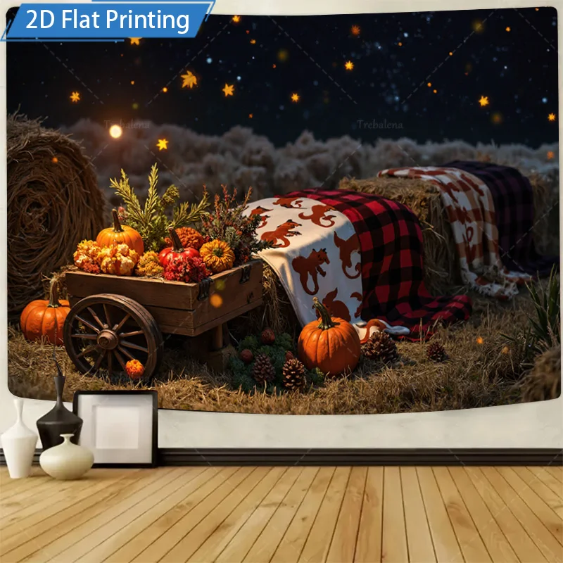 [2D شقة] 1 قطعة 4x16 بوصة علامة معدنية مشهد حصاد الخريف جدار معدني الفن مع القرع القش بالات وديكور السماء الليلية المرصعة بالنجوم