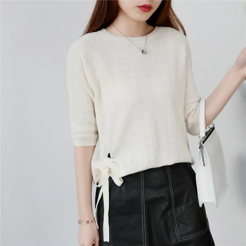

Summer women's knitted fine spun wool O-neck sweater fashionable slim fit short women's pullover T-shirt thin sweater hot sellin