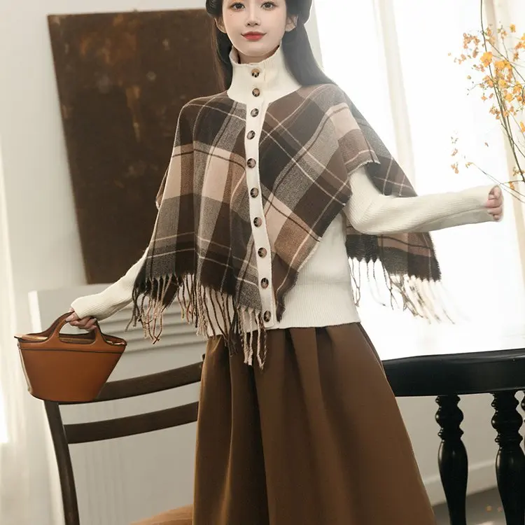 

Women's Autumn Winter Fringed awl Coat Sweater Skirt Two Piece Set Stpunk Sle High Waist Plaid Pattern Long Sve