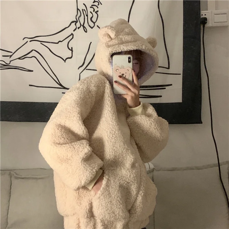 Women Winter Ears Hooded Lamb Wool Faux Fur Zipper Cardigan Warm Plush Thick Oversized Outerwear Girls Solid Loose Overcoats