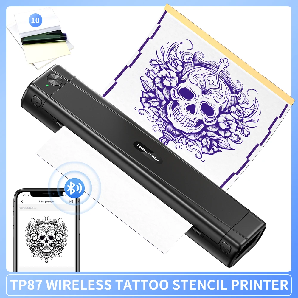 Tattoo Printer Wireless Stencil Printer TP87 Thermal Machine with 10pcs Transfer Paper Transfer Printer for Artists& Beginners