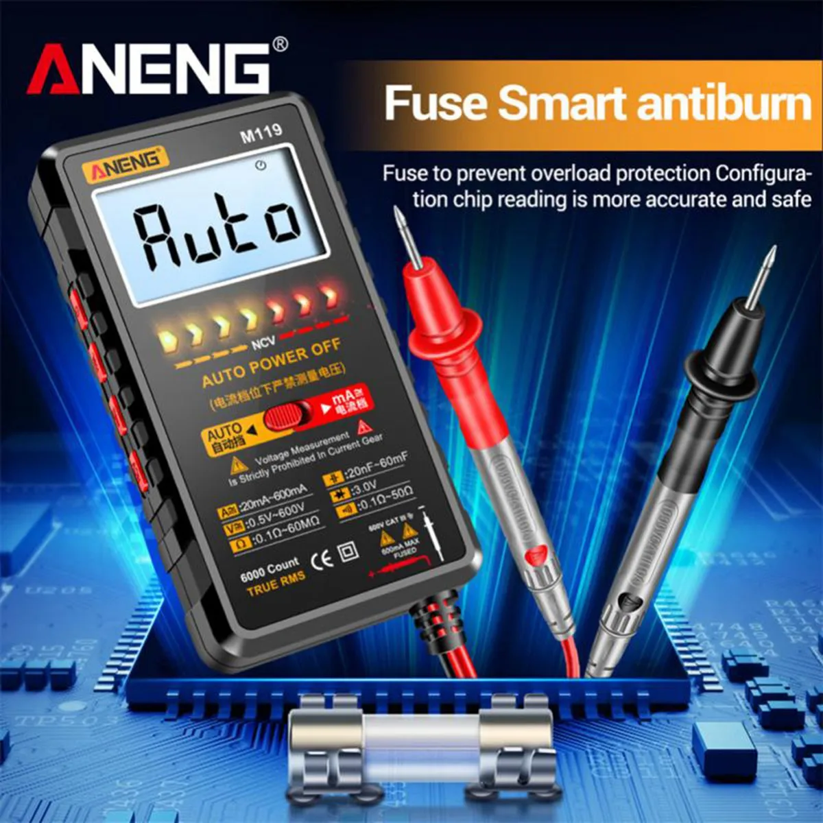 Imagem -03 - Multímetro Digital Portátil 6000 Contagens Multimetro Transistor Tester Capacitor Aneng-m119