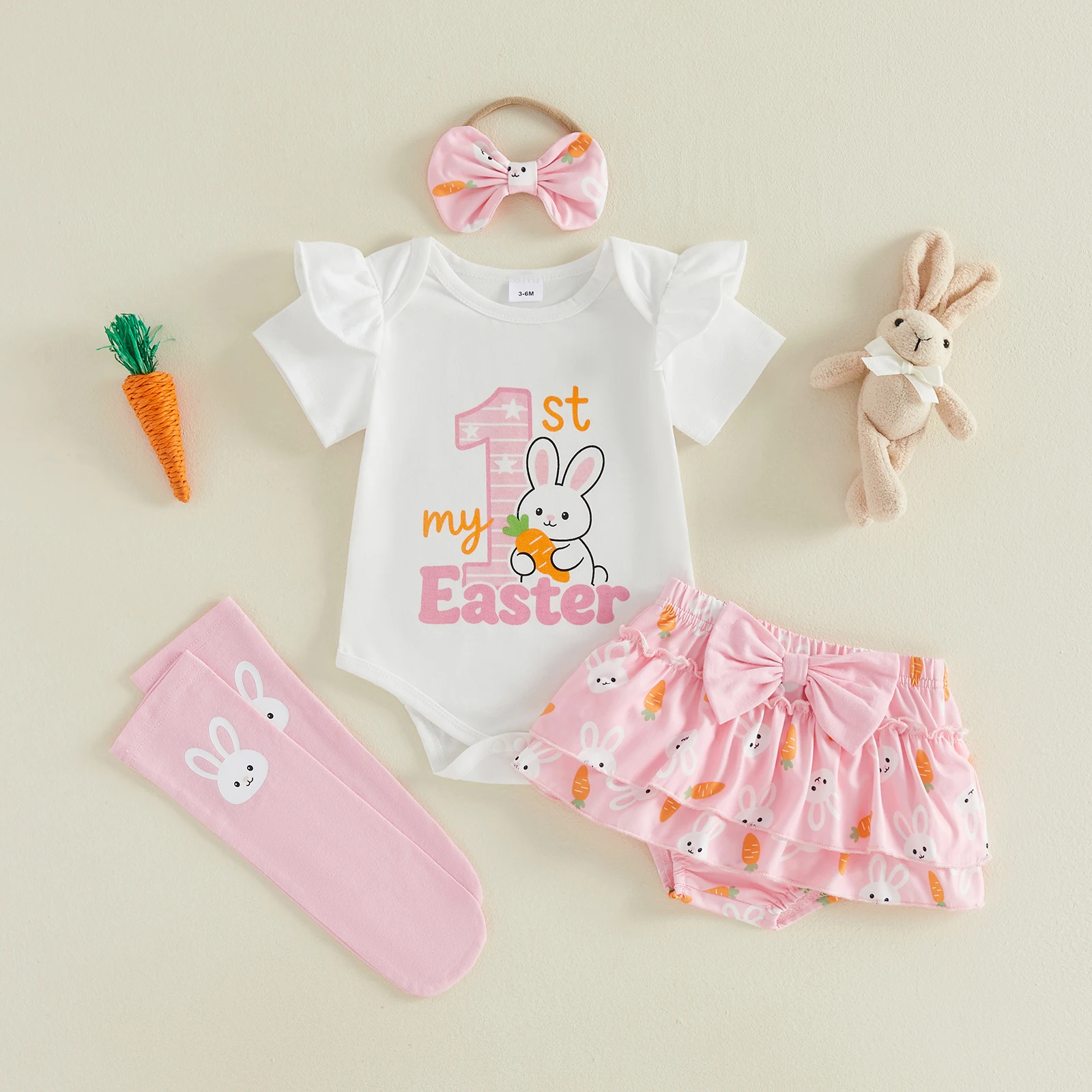 Baby Girls Easter Shorts Outfits Flying Sleeve Letter Print Romper Bunny Carrot Print PP Shorts Socks Headband Sets