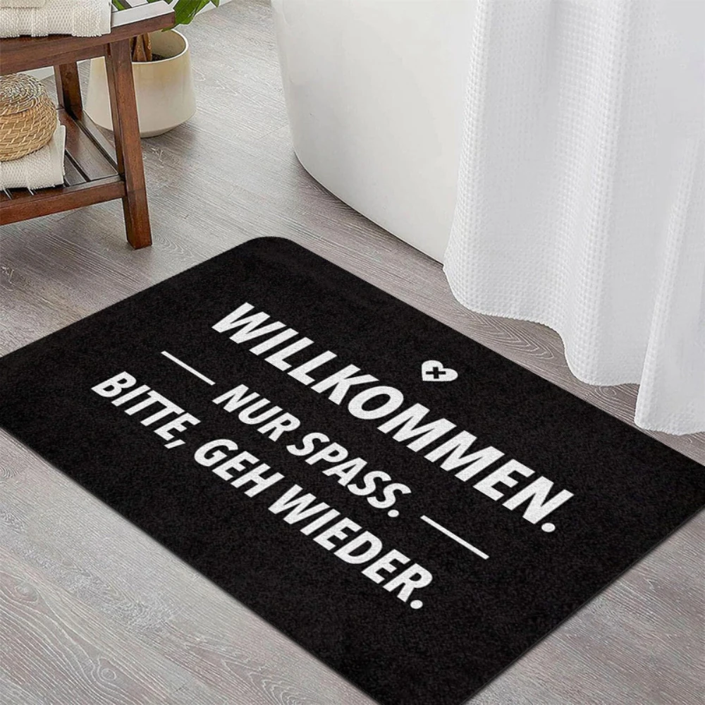 Chic Black Heart German Slogan Graphic Welcome Doormat Floor Rug Main Foyer Side Porch Study Guest Room Stylish Entry Mat