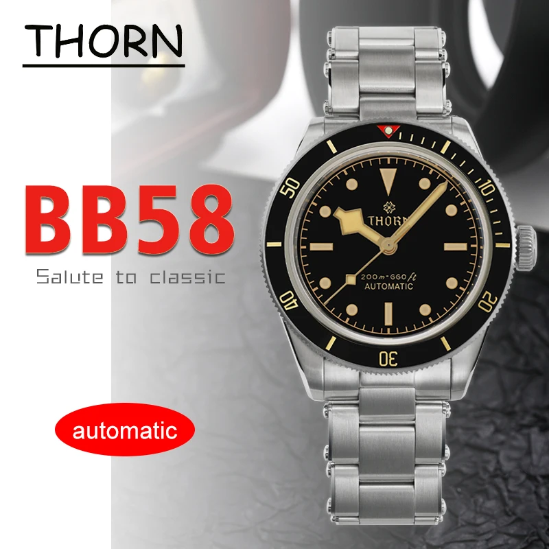 THORN BB58 Watch 39mm Luxury Men Dive Watch Automatic Mechanical Sapphire Crystal 200m Waterproof C3 Luminous NH35 Vintage Watch