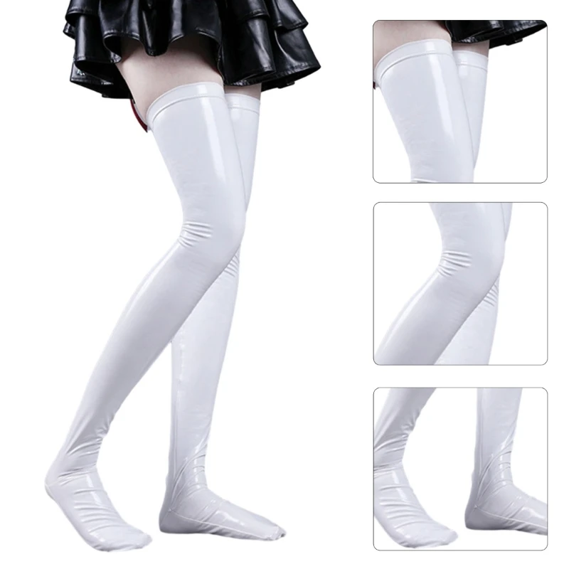 Womens Sexy Faux Leather Shaping Thigh High Stockings Colorblock Striped Anime Cosplay Party Over Knee Long Socks