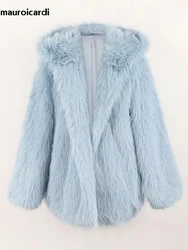 Mauroicardi Winter Oversized White Thick Warm Shaggy Hairy Faux Fur Coat Women with Hood Loose Fluffy Jacket Furr Cardigan 2024