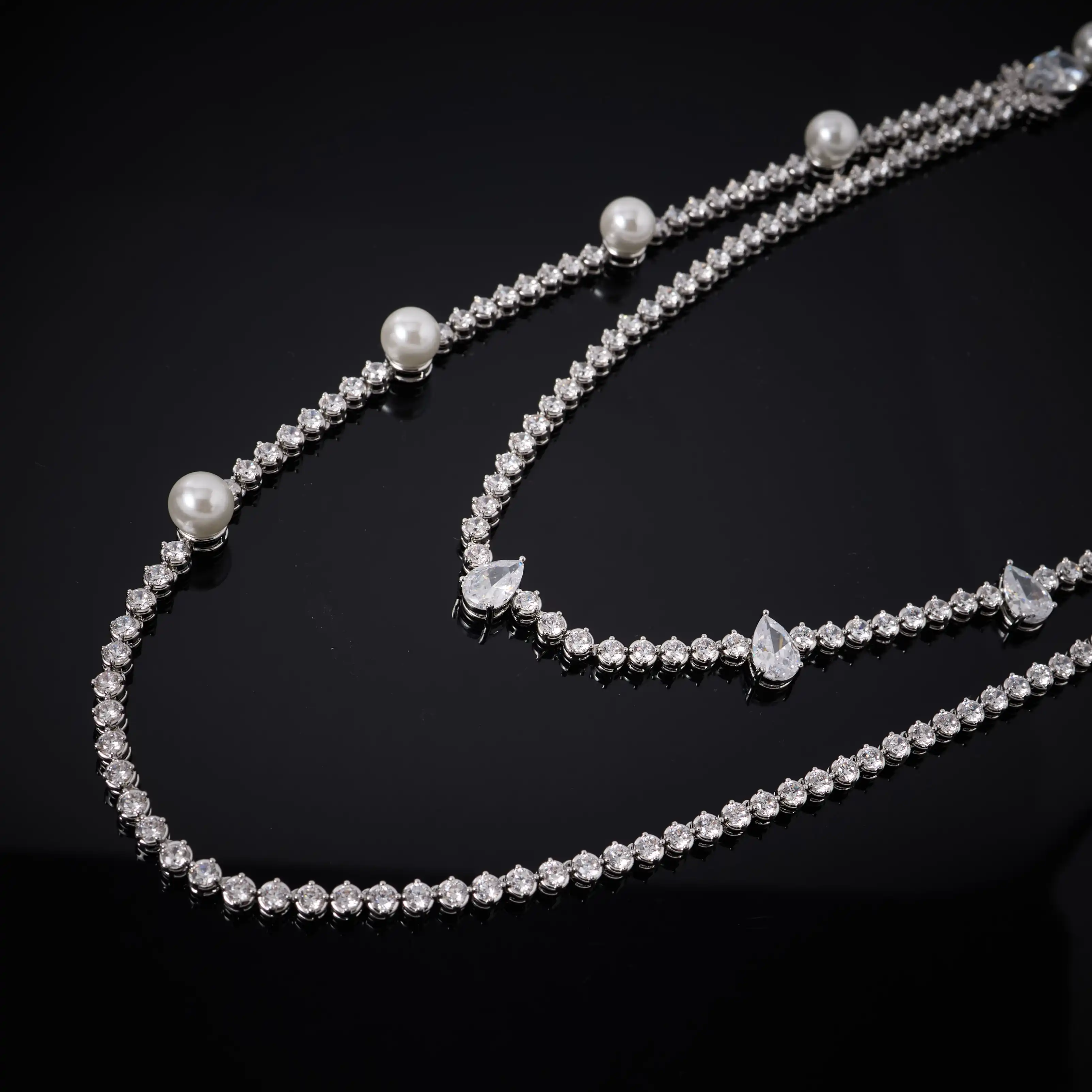 00070 3PCS Pearl Zirconia Jewelry Set, Double Layer Chain Necklace Dangle Earrings Ring, Bridal Wedding Engagement Party Gift