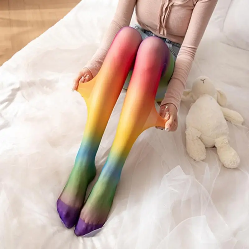 P88B Women Sheer Nylon Tights Rainbow Gradients Silk Stockings High Waist Pantyhose