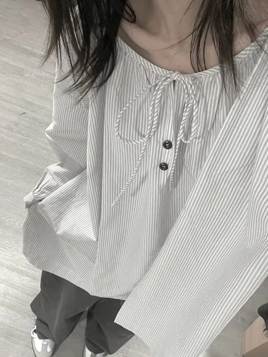 

Blusas Mujer De Moda, корейская винтажная блузка, женские рубашки большого размера, с длинным рукавом и круглым вырезом, бандажные полосатые летние блузки, топы