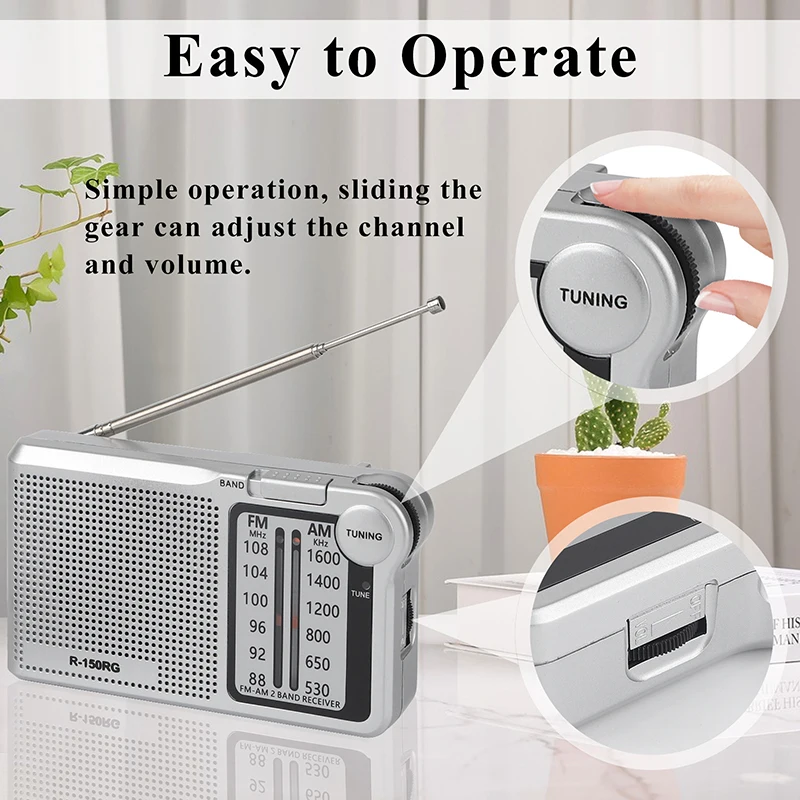 R-150RG Radio AM/FM portátil con altavoz, conector para auriculares, Radio de uso de emergencia de larga duración, funciona con batería, para correr en casa y caminar
