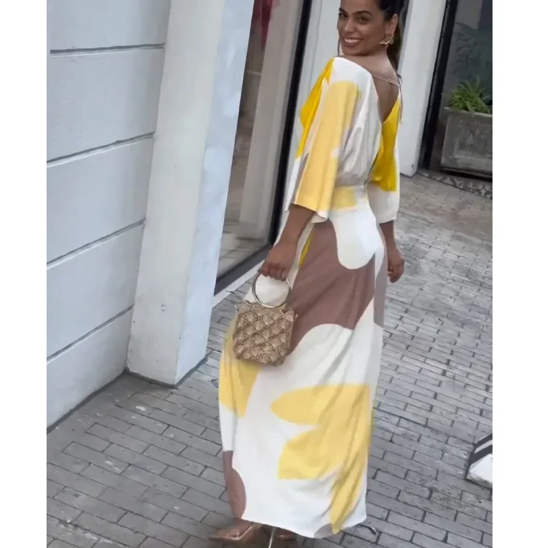 Abito da donna a vita alta con scollo a V Abaya a maniche corte sexy senza schienale per donna Abito lungo estivo con stampa floreale Boho Chic Abito elegante