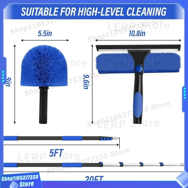 20ft Telescopic Window Cleaning Kit with Extended Rod High Reach Spider Web Duster Outdoor House Washing Brush Tool 5 to 20