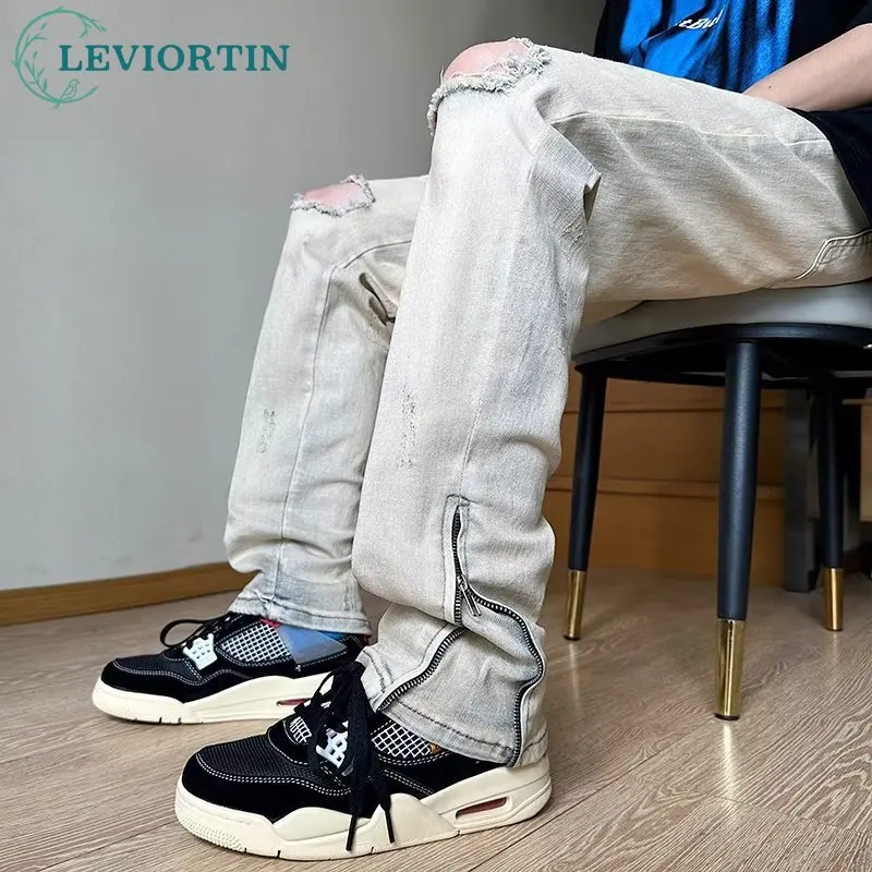 

High Street Distress Denim Trousers For Men Korean Hole Ruffian HandsomeZippered Side Hem Straight Jeans Pants Y2K Clothes