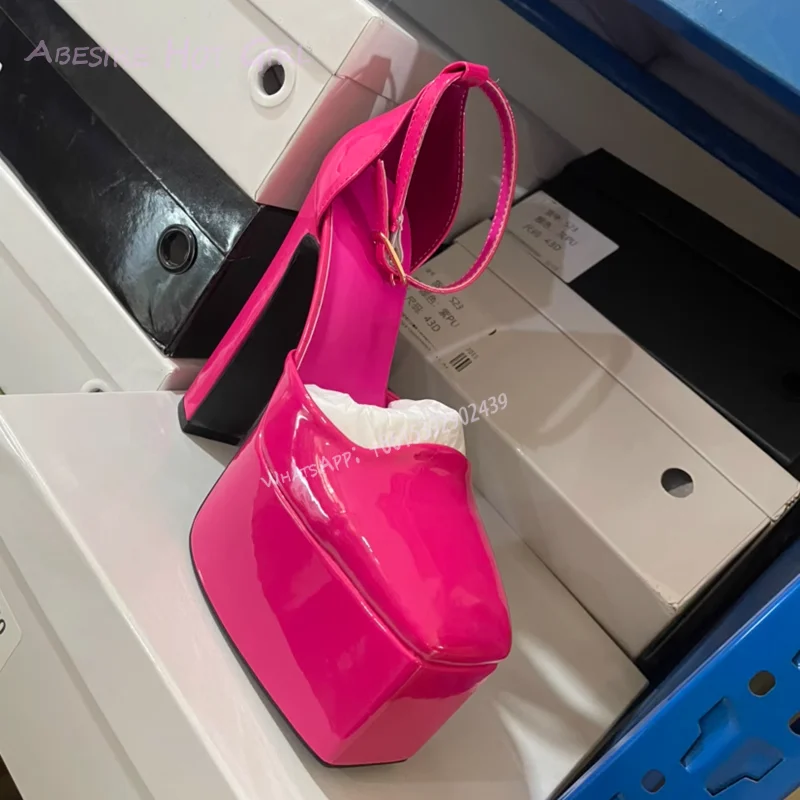 Bright Fuchsia High Platform Block Heel Sandal Square Toe Patent Leather Black Ankle Buckle Office Lady Cover Heel Catwalk Shoes