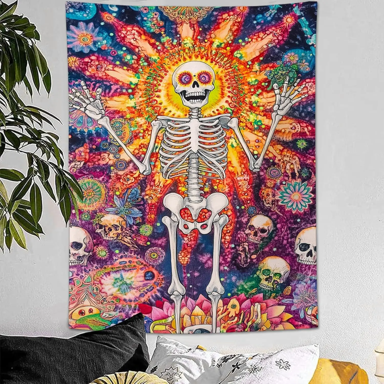 Skeleton Tapestry Bohemian Sun Aesthetic Tapestries Boho Skull Horror Hanging Wall Art Decor Home Decoration for Bedroom Living