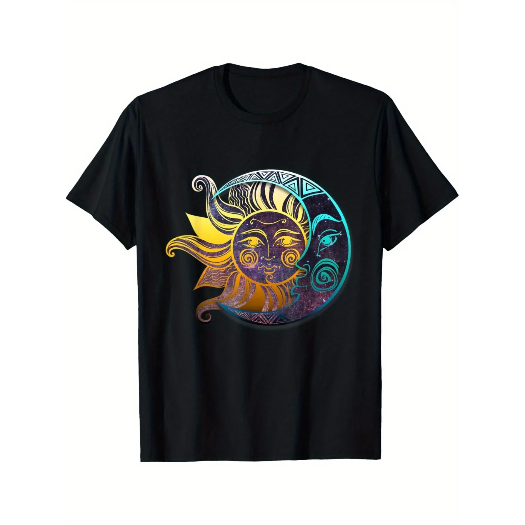 Psychedelic Intertwined Sun And Crescent Moon Face Cosmic Starry Graphic Tee