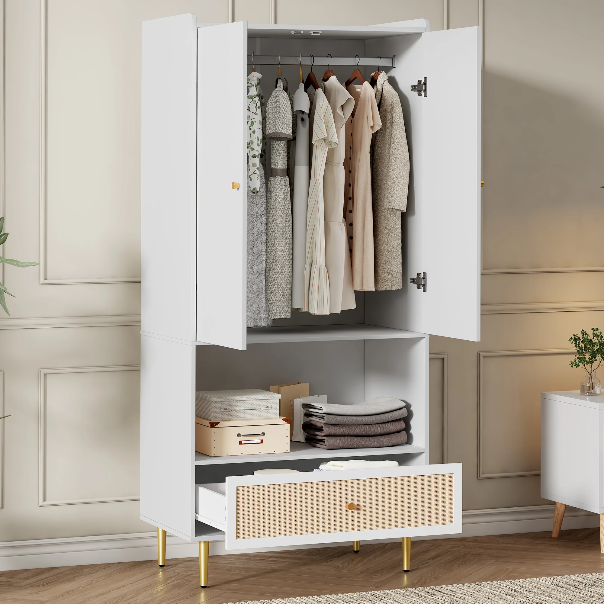 PINGGO Weißer Kleiderschrank mit 2 Türen, Rattanschublade, Metallbeinen und Griffen, 80x48x175cm, für Schlafzimmer und Wohnzimmer – Detail 2