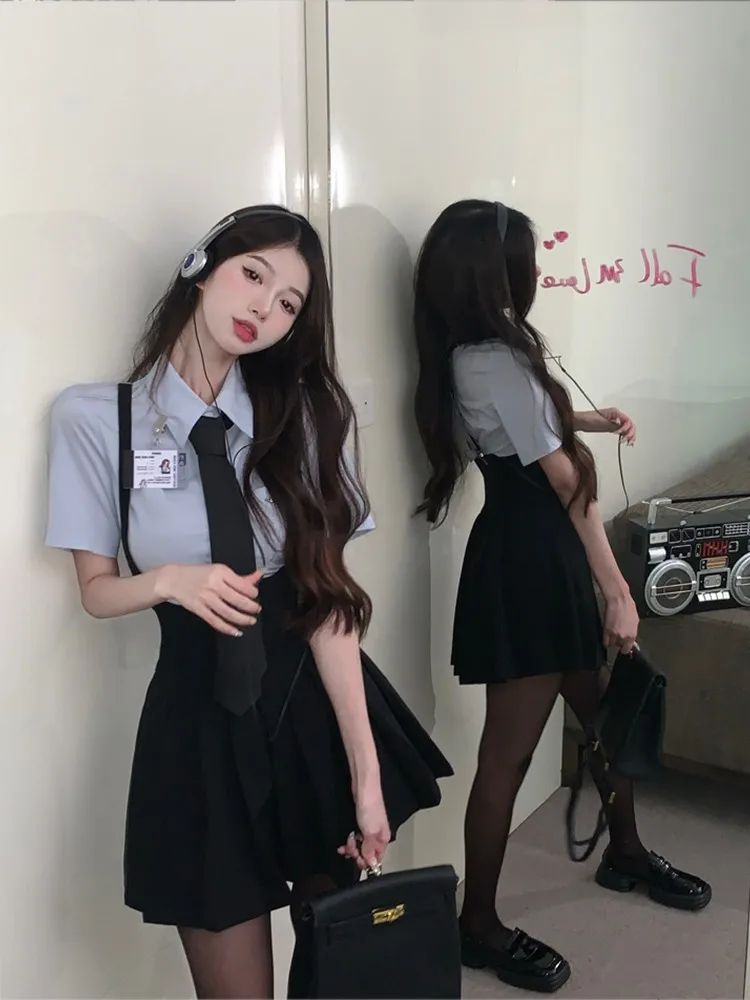 

Plus Size Sweet Spicy College Sle Two-Piece Set Women's Summer ort Sve Blue irt Pleated Skirt Outfit Focused on Commute Korea...