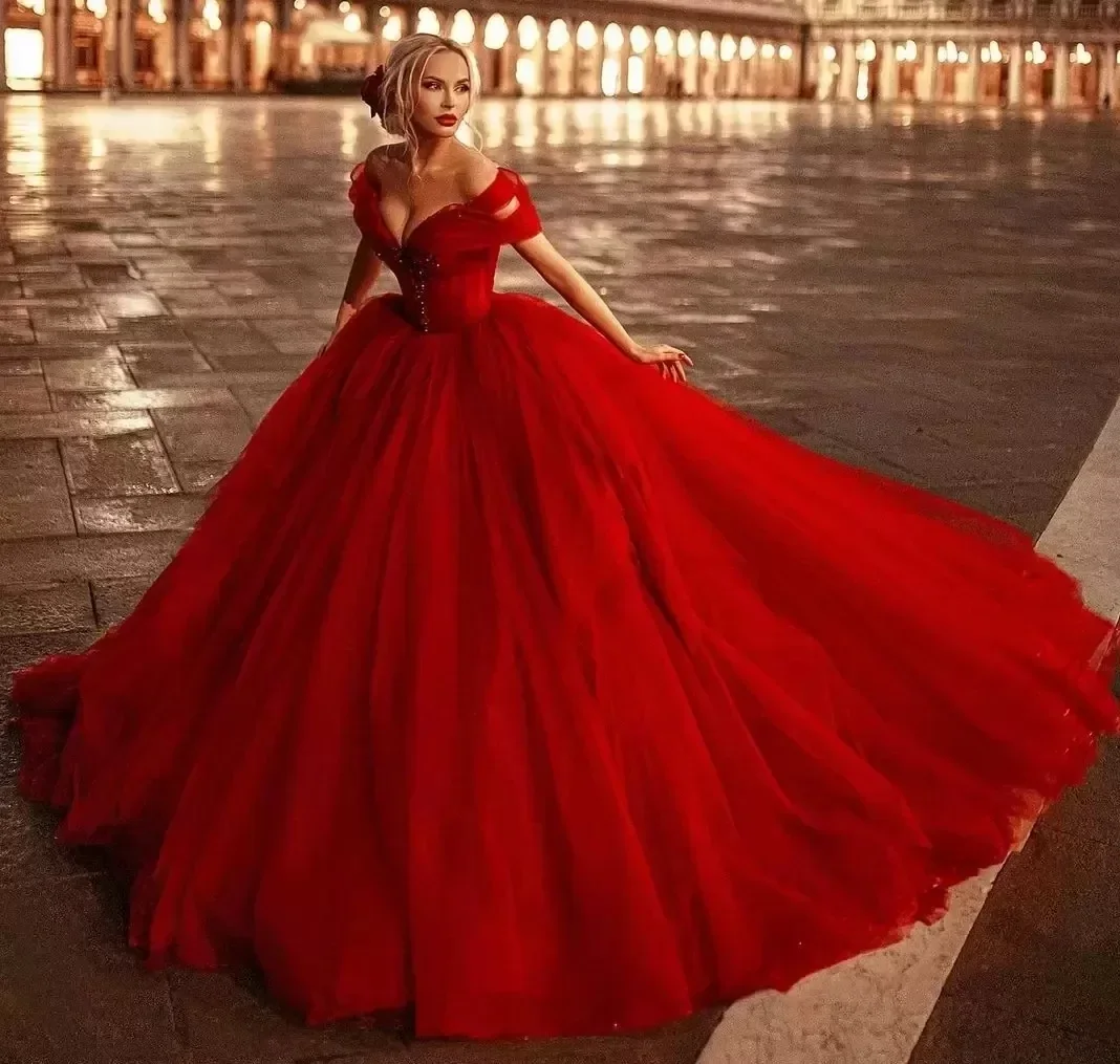 

Charming Red Off-Shoulder Princess Quinceanera Dresses Vestidos De 15 Anos Beading Applique Cinderella Birthday Party Ball Gown