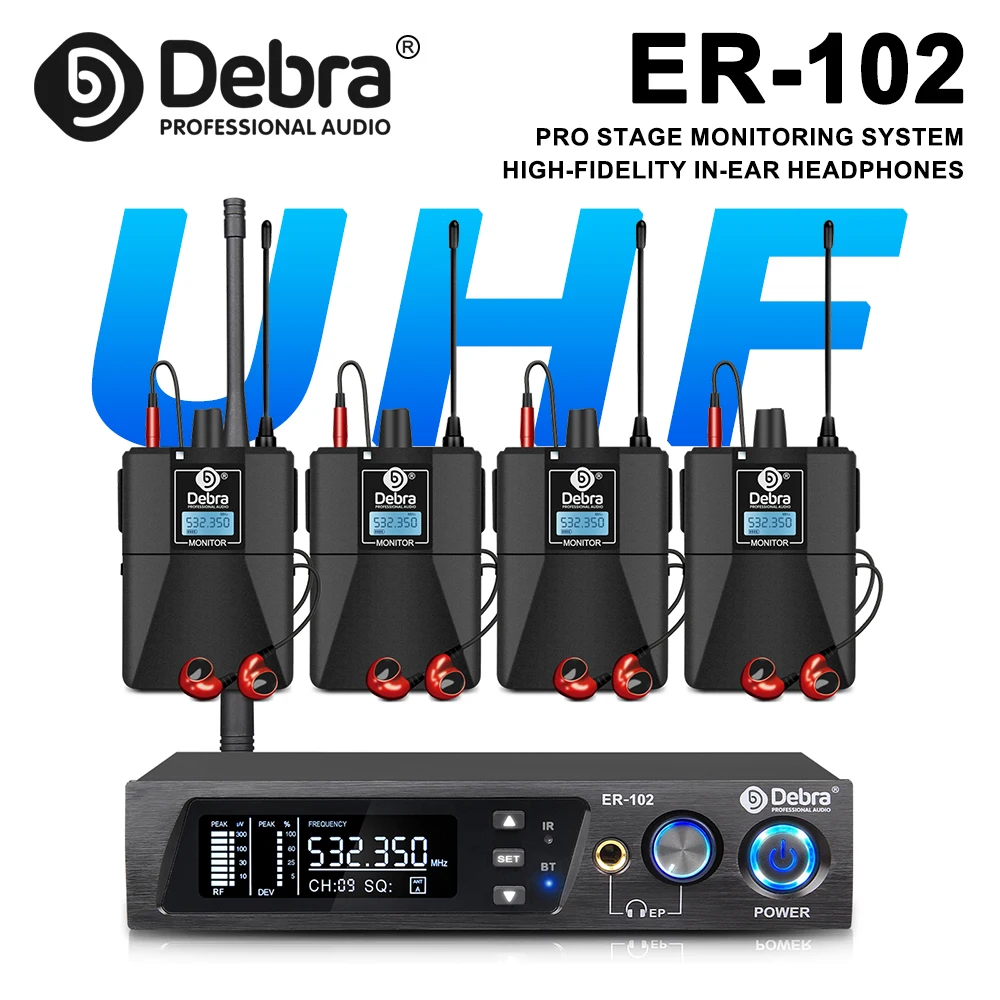 Debra ER-102 Sistema di monitoraggio intrauricolare wireless professionale, banda UHF con supporto Bluetooth 5.0, per spettacoli teatrali, batteristi