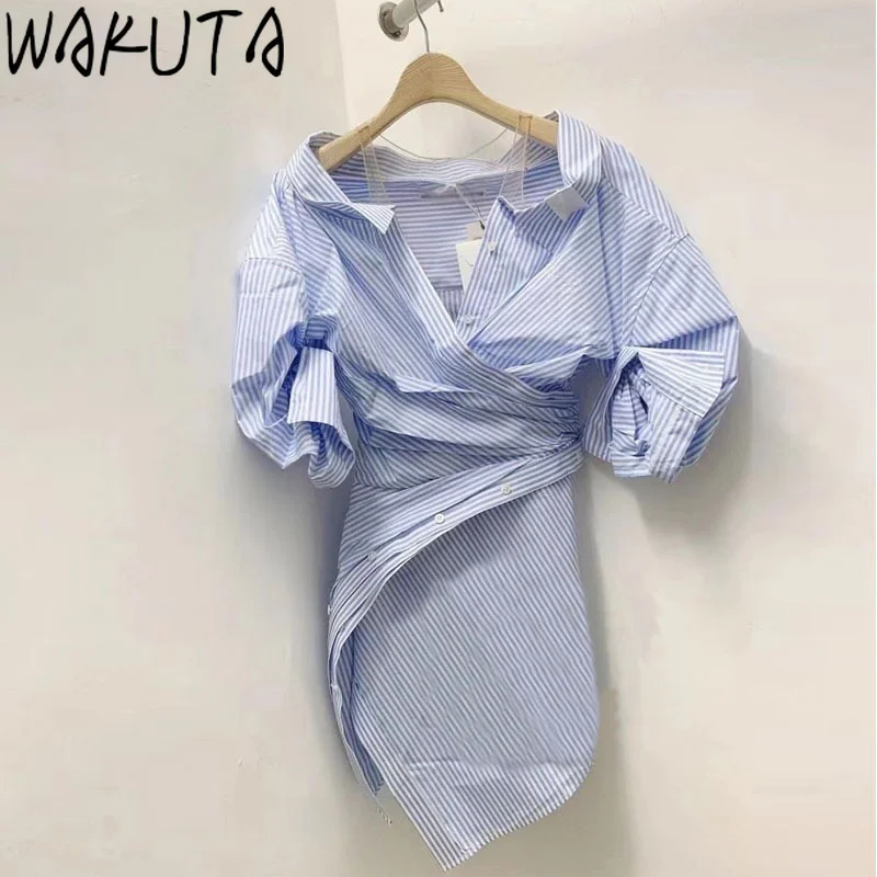 WAKUTA Korean 2024 Irregular Shirt Dress Women Summer Off Shoulder Slim Waist Elegant Mini Dresses Offical Simple Casual Clothes