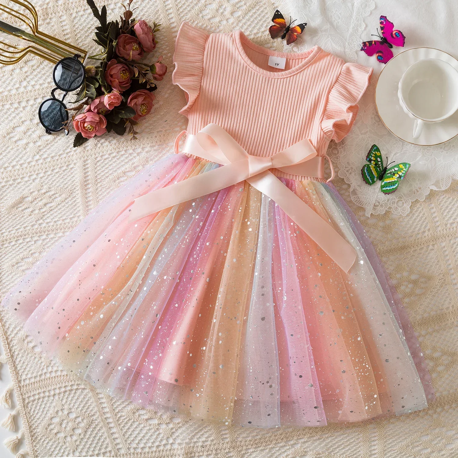 New Girls Dress for Sequins Birthday 1-5Y Toddler Girls Rainbow Tulle Dress Sweet Kids Princess Dress for Girls 2025 Summer Wear