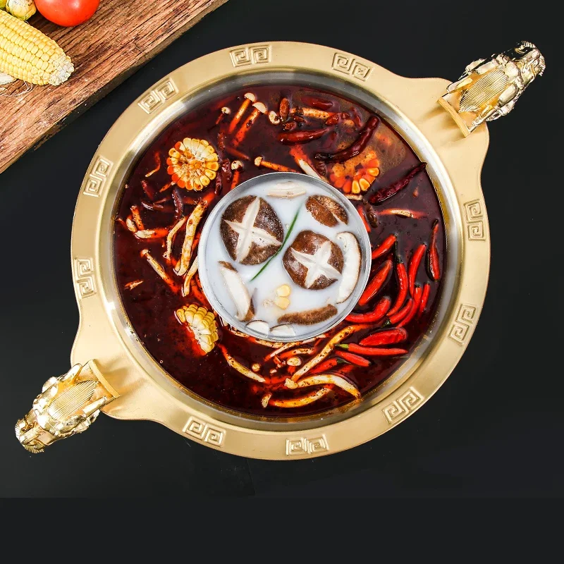 

Stainless Steel Hotpot Divider 36/38cm Induction Cookers Chinese Dragon Head Golden Soup Hotpot Round Chafing for Party Family