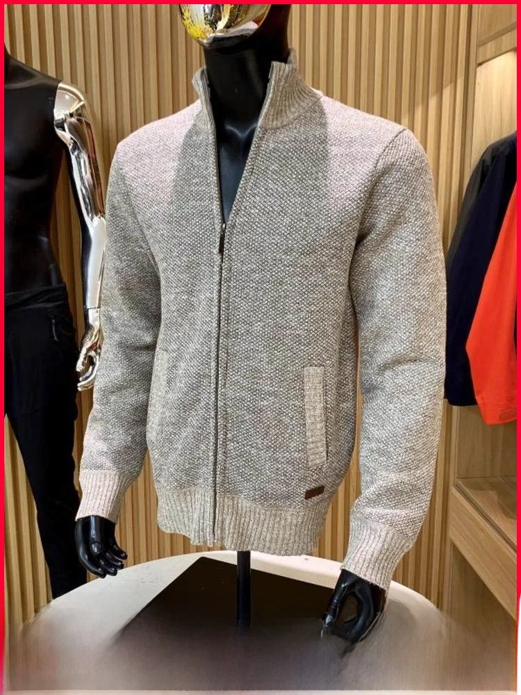 

Вязаный джат с тонкой текстурой для мужчин, повседневный открытый кардиган с воротником-стойкой, осень-зима, модная цветная молодежная одежда