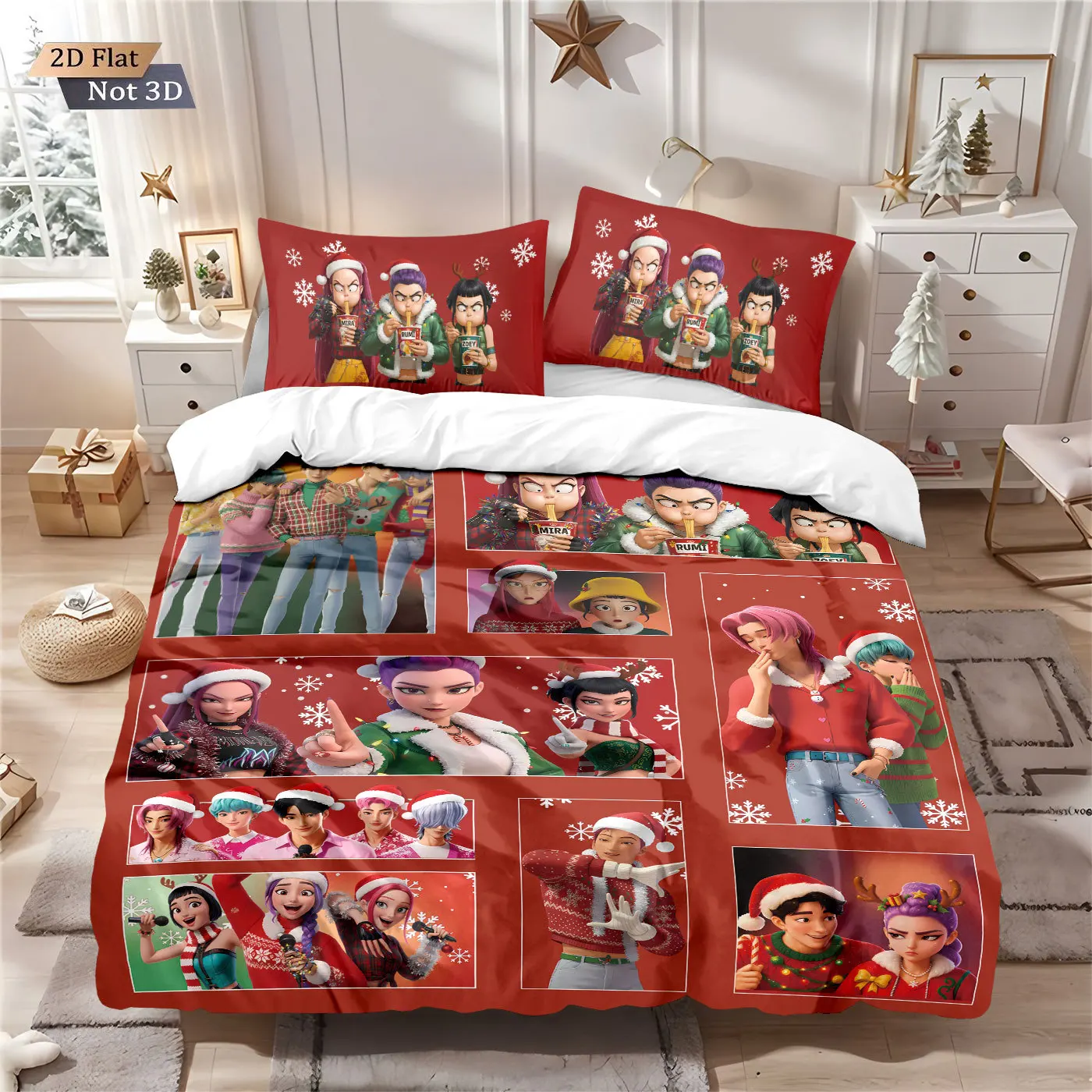 

Christmas Style K-Pop Bedding Set Demon Hunters Themed Colorful Print Polyester Duvet Cover Kid Girls Gift for Home Decoration