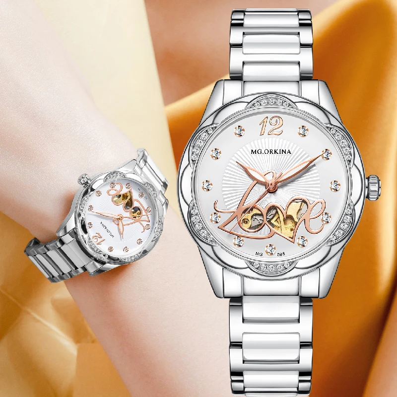 ORKINA Women Watch Automatic Mechanical Skeleton Luxury Diamond Bezel Luminous Hands Ceramic Steel Strap Ladies Dress Wristwatch