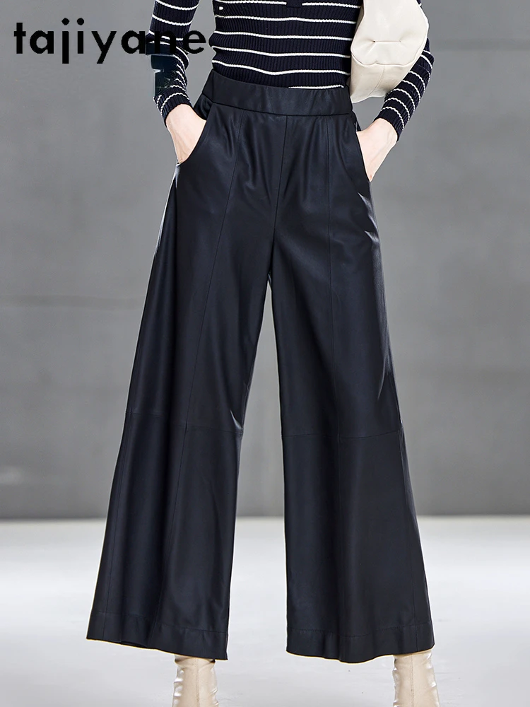 

Tajiyane Genuine Leather Wide Leg Pants Woman Natural Sheepskin Trousers Autumn Winter High Waisted Pants Streetwear Women 2024