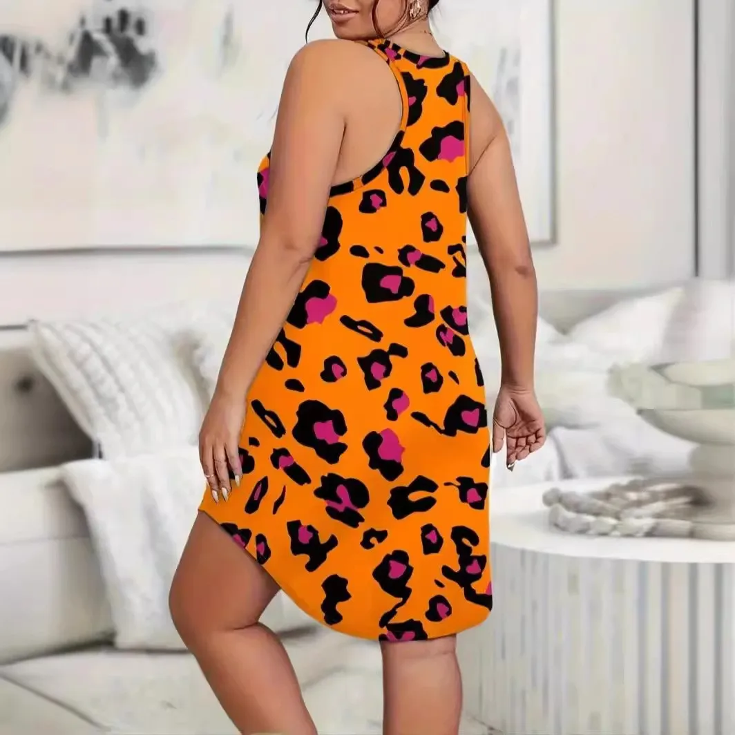 Plus Size Women Sleeping Home Dress Casual Camisole Sleeveless  Leopard Printed Mini Dress Fashion  Summer Nightgown