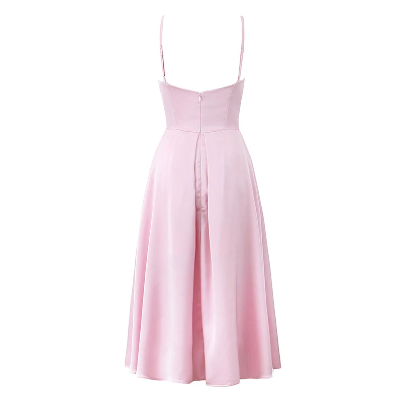 Women Satin Pink Sexy Elegant Dress Thin Straps V Neck A-line Midi Evening Party Dresses