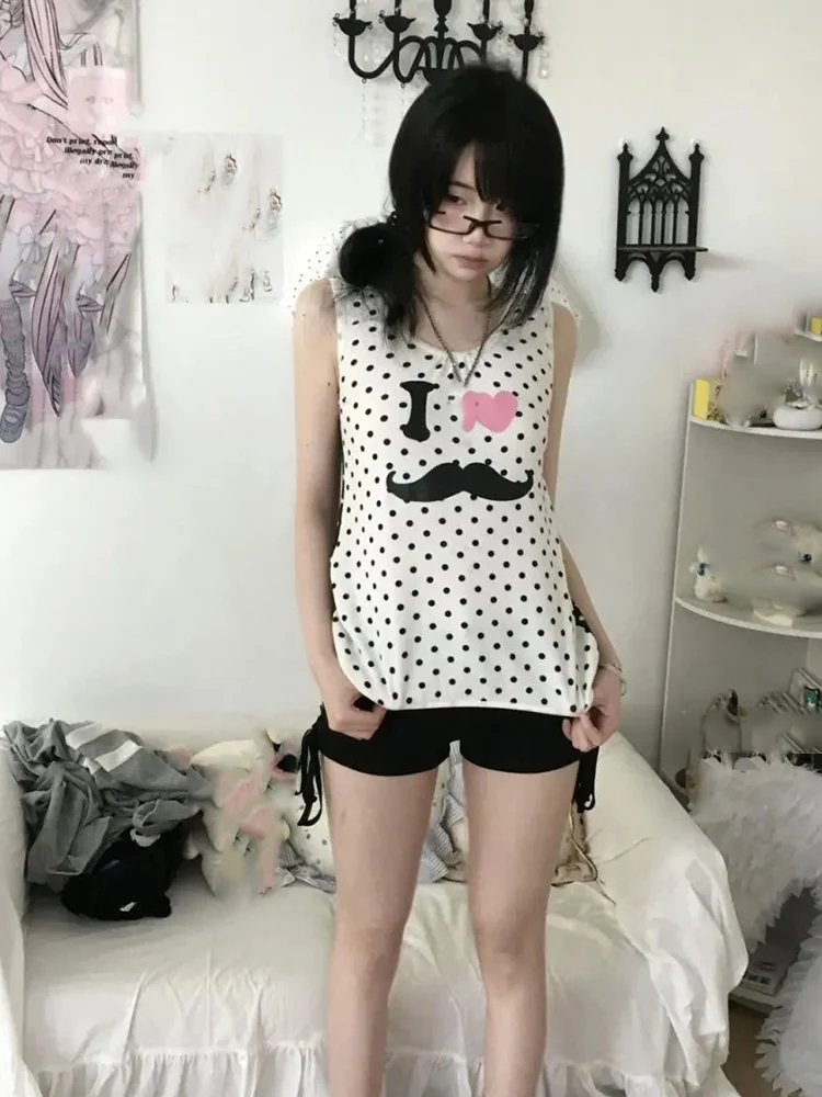 لطيف البولكا نقطة طباعة أكمام تانك القمم المرأة خمر Y2k الجمالية سليم صالح ملابس خارجية سترة حلوة شيك كاميس Harajuku