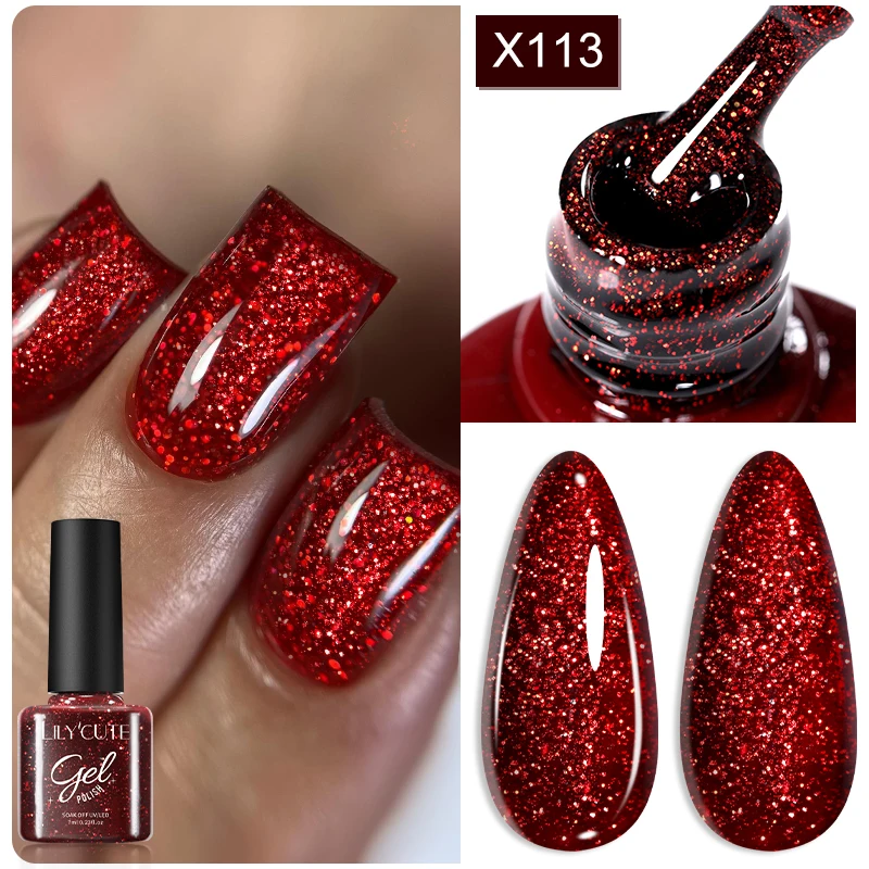 LILYCUTE 7 ml funkelnder roter Gel-Nagellack, glitzernde Pailletten, Nagelgel-Lacke, semipermanente Soak Off UV-LED-Nagelkunst-Maniküre