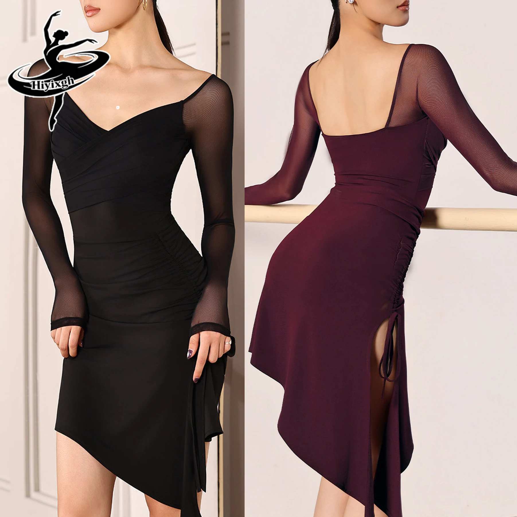 

Сексуальное латинское танцевальное платье для женщин: облегающее, с длинным рукавом, оборками и сеткой, миди-длина, для выступлений, соревнований, вечеринок, костюм для ча-ча-ча