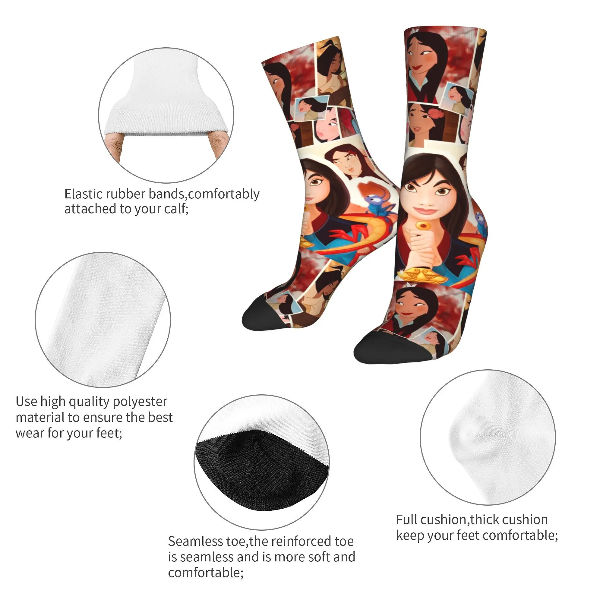 Hip-hop Mulan Princess Beaty Cartoon Soccer Socks Cute Mushu Polyester Middle Tube Socks for Unisex Breathable