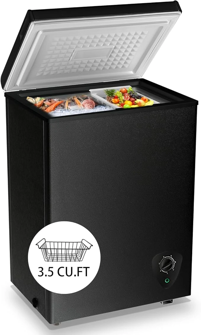 Chest Freezer Small Deep 3.5 Cu.Ft Black Mini Freezers Top Door Adjustable 7 Thermostat and Removable Basket Open Garage