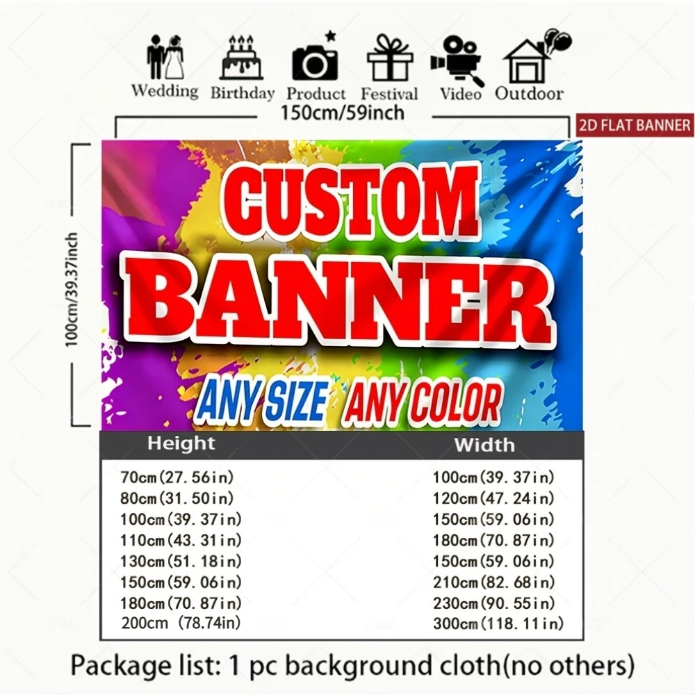2D FLAT 1pc Custom Polyester Banner, Customizable with Your Picture, Text & Logo, Vibrant Colorful Polyester Fabric