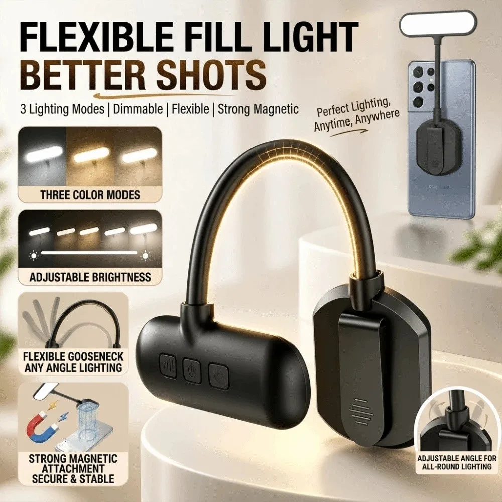 Flexible Gooseneck Clip-on Fill Light Soft Lighting Brighten Facial Features Portable Mini Reading Lamp Lightweight Compact