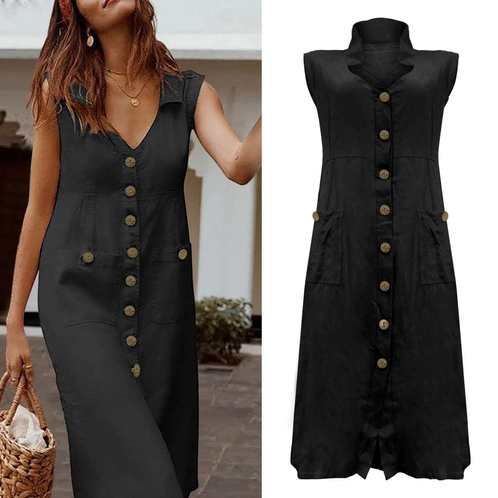 V Neck Single Breasted Button Up Dress Pocket Design Multi Color Luxury Sexy Elegant Evening Vestido Para Mujer