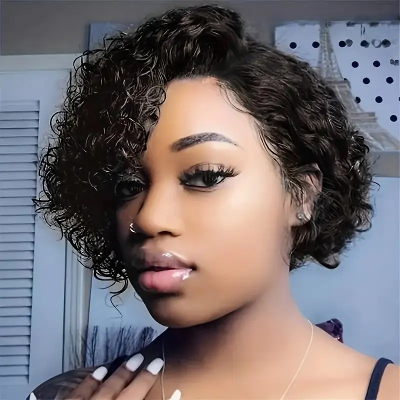 Pixie Cut Wig for Women Short Bob Curly Human Hair with Transparent Lace Water Deep Wave 180% Density