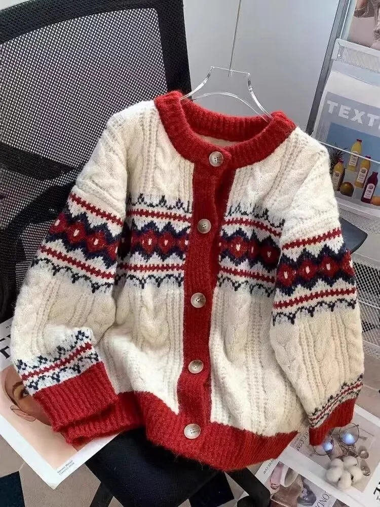 

2025 Christmas Cardigan All-match Loose Simple Style Sweater Winter Clothes Woman Pulls Femmes Comfortable Coat Knitted Contrast