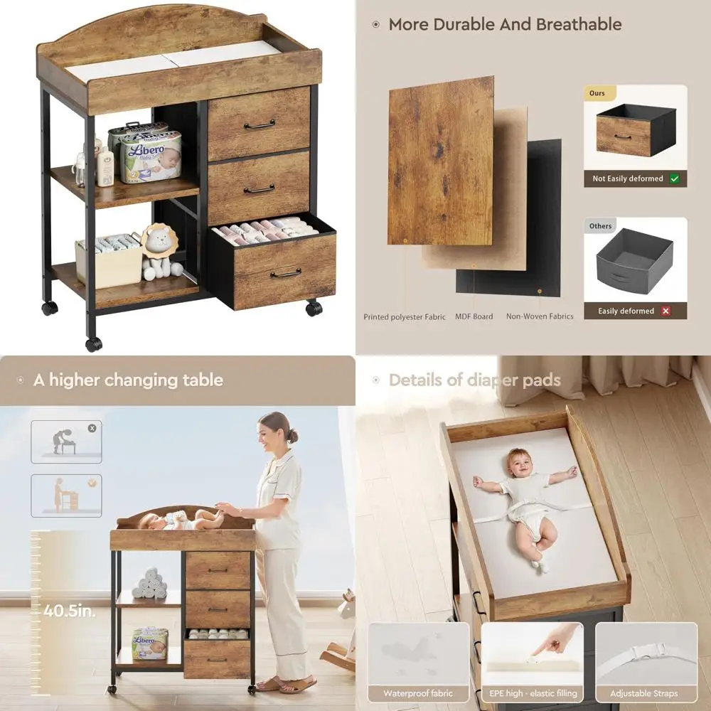 Changing Table Dresser, Baby Dresser with 3 Fabric Drawers and 2 Shelves, Multi-Functional Baby Changing Table with Pad, Classic