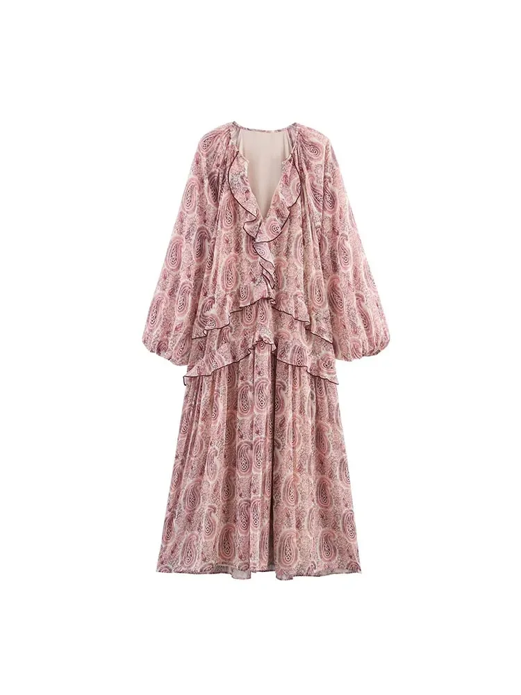 2025 ชุดสตรีฤดูร้อนVINTAGEพิมพ์ชีฟองVคอCascading RuffleแขนยาวหญิงElegant Street Dressesเสื้อผ้า