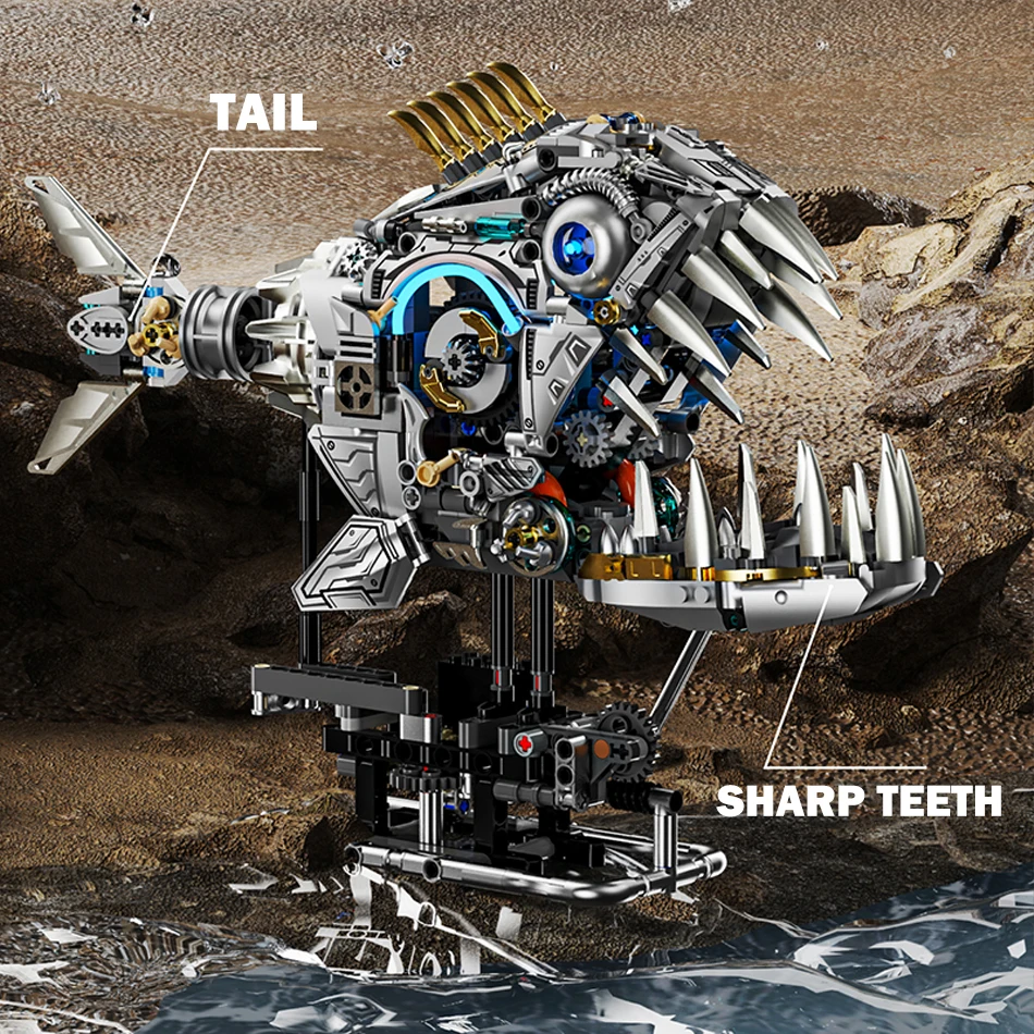 MOC-modelo de pez piraña mecánico, bloques de construcción con Motor ligero, potencia, simulación de mar, animales, montaje de ladrillos, juguetes, regalos para niños