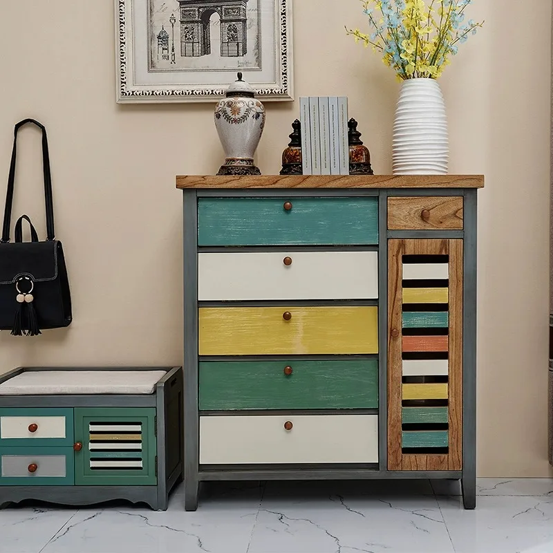 Handcrafted Colorful Retro Shoe Cabinet with Drawers Practical Stylish Solution for Boho & Eclectic Interiors