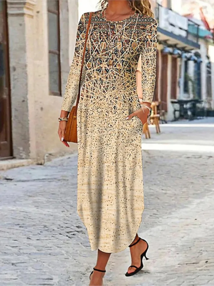 

Women's Fashion Print Dress Casual O Neck Long Sleeve Pullover Dresses For Women Elegant Holiday Skirts Womens Clothing Spring